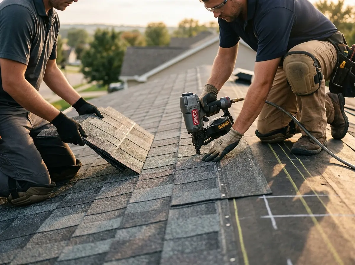 Professional roofer working on a residential roof in Lake Arrowhead